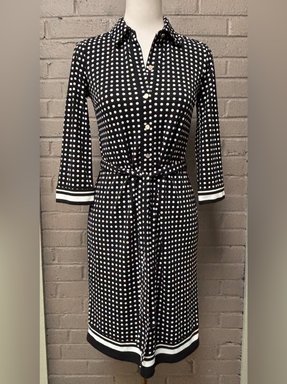 Talbots Black and White Polka Dot Shirt Dress with Tie Waist P